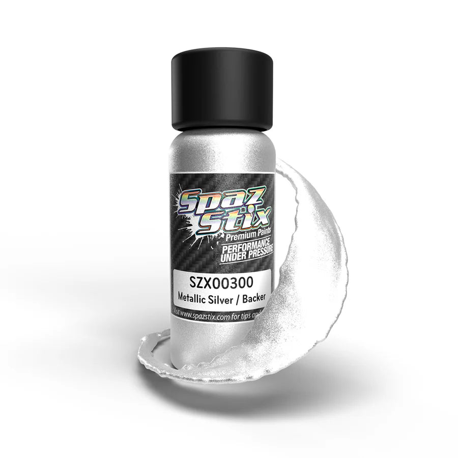 Spaz Stix - Metallic Silver/"Candy" Backer, Airbrush Ready Paint, 2oz Bottle SZX00300